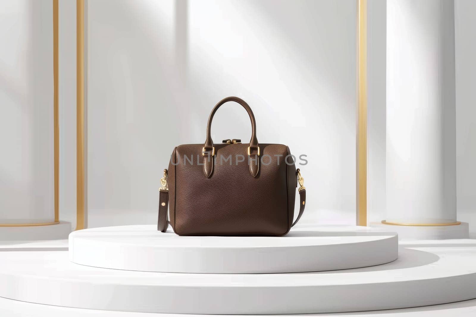A stylish travel bag in mocha mousse color sits on a sleek white platform. surrounded by gold accents and a minimalist backdrop featuring earthy tones, this setup exudes sophistication and modern design.