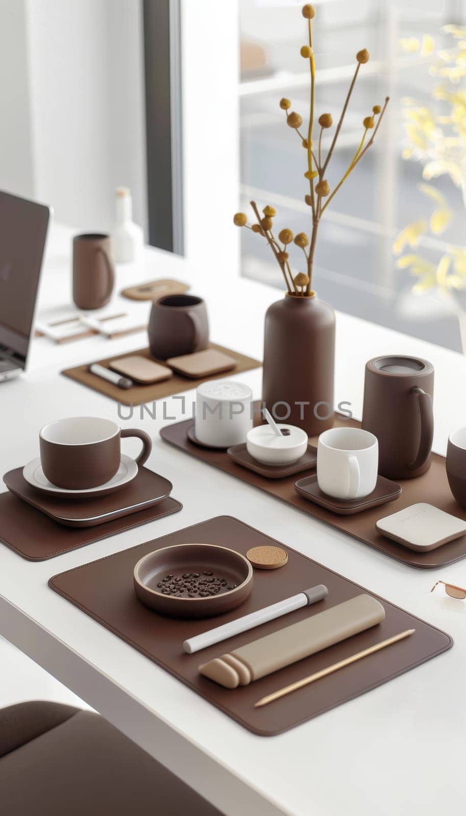 A modern workspace featuring a mocha mousse laptop on a white desk, complemented by minimalistic office accessories. the setting blends style and functionality, ideal for professionals seeking an elegant and efficient work environment.