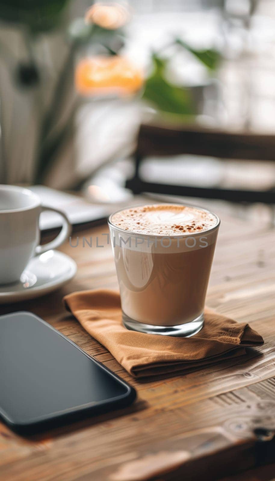 A smartphone displays a mocha-themed digital ad for a nonprofit, showcasing elegant branding elements, key statistics, and a prominent call-to-action button. the setup captures a cozy, coffee-inspired atmosphere.