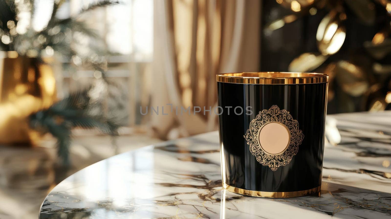 Black candle jar adorned with a luxury branding sticker, placed on a marble tabletop with gold accents. the scene exudes elegance and sophistication, enhanced by natural lighting and stylish decor elements in a modern setting.