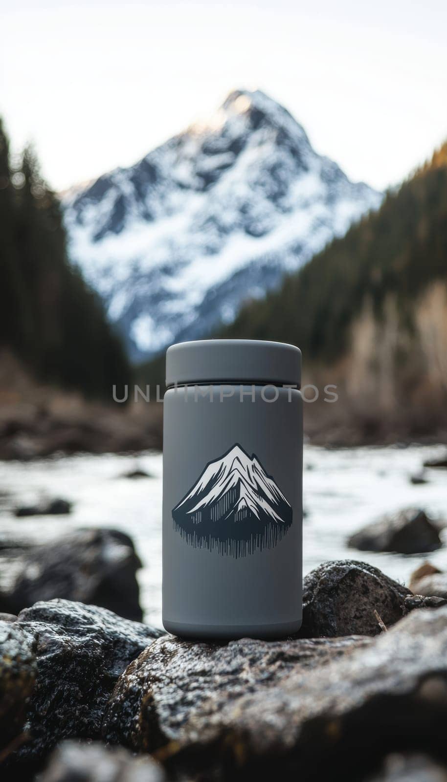 Minimalist die cut sticker featuring a monochrome mountain logo is affixed to a matte gray thermos, set against a scenic outdoor camping backdrop with rugged mountains and lush greenery.