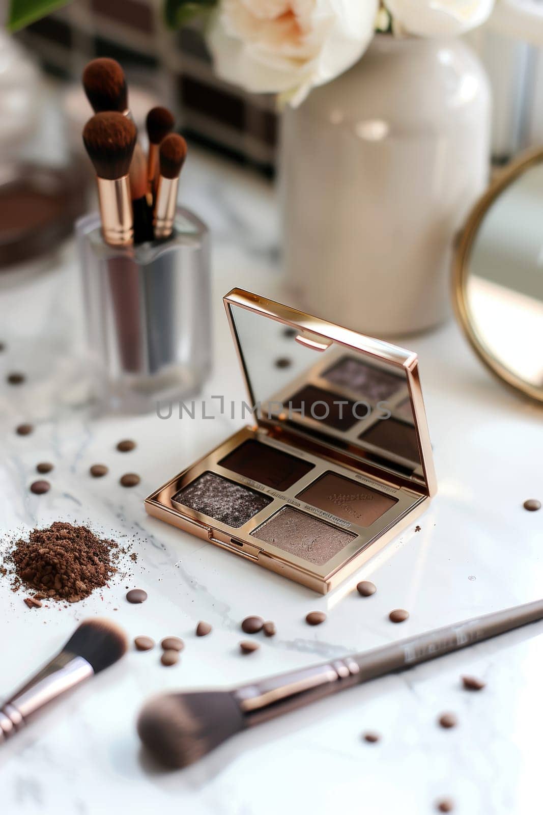 Mocha mousse-themed eyeshadow palette featuring rich, neutral shades, sits on a makeup counter. accompanied by makeup brushes, a small mirror, and scattered earth-toned powders, an elegant, everyday beauty routine.