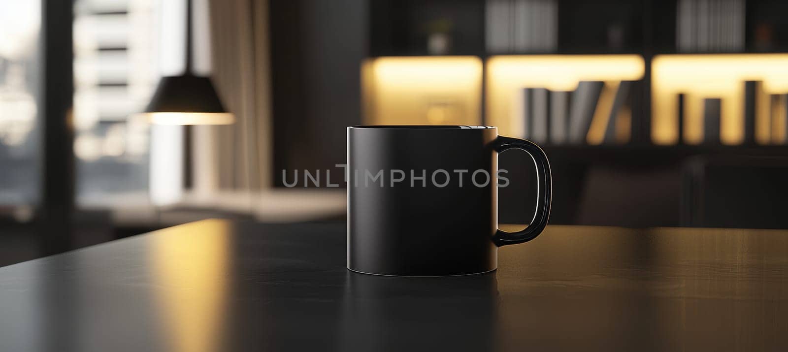 Semi-transparent sticker seamlessly blends with a glossy black mug, showcasing a modern design concept. subtle lighting emphasizes the sticker's edges, the interplay of texture and gloss against a softly blurred background.