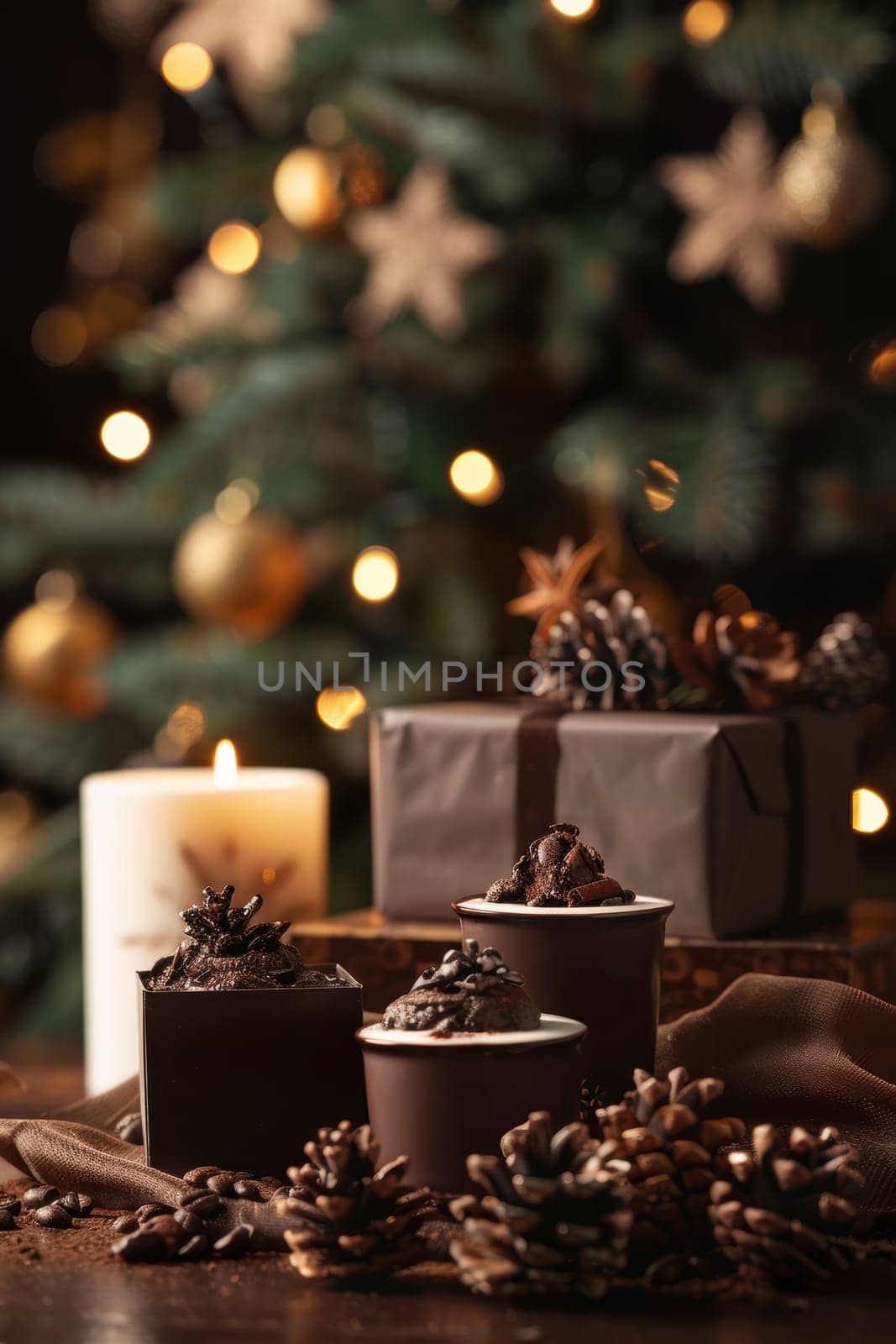 Mocha mousse gift boxes elegantly displayed among pine cones and chocolate pieces, set against a sparkling christmas tree backdrop. perfect for festive holiday campaigns, a warm and delightful gift-giving experience.