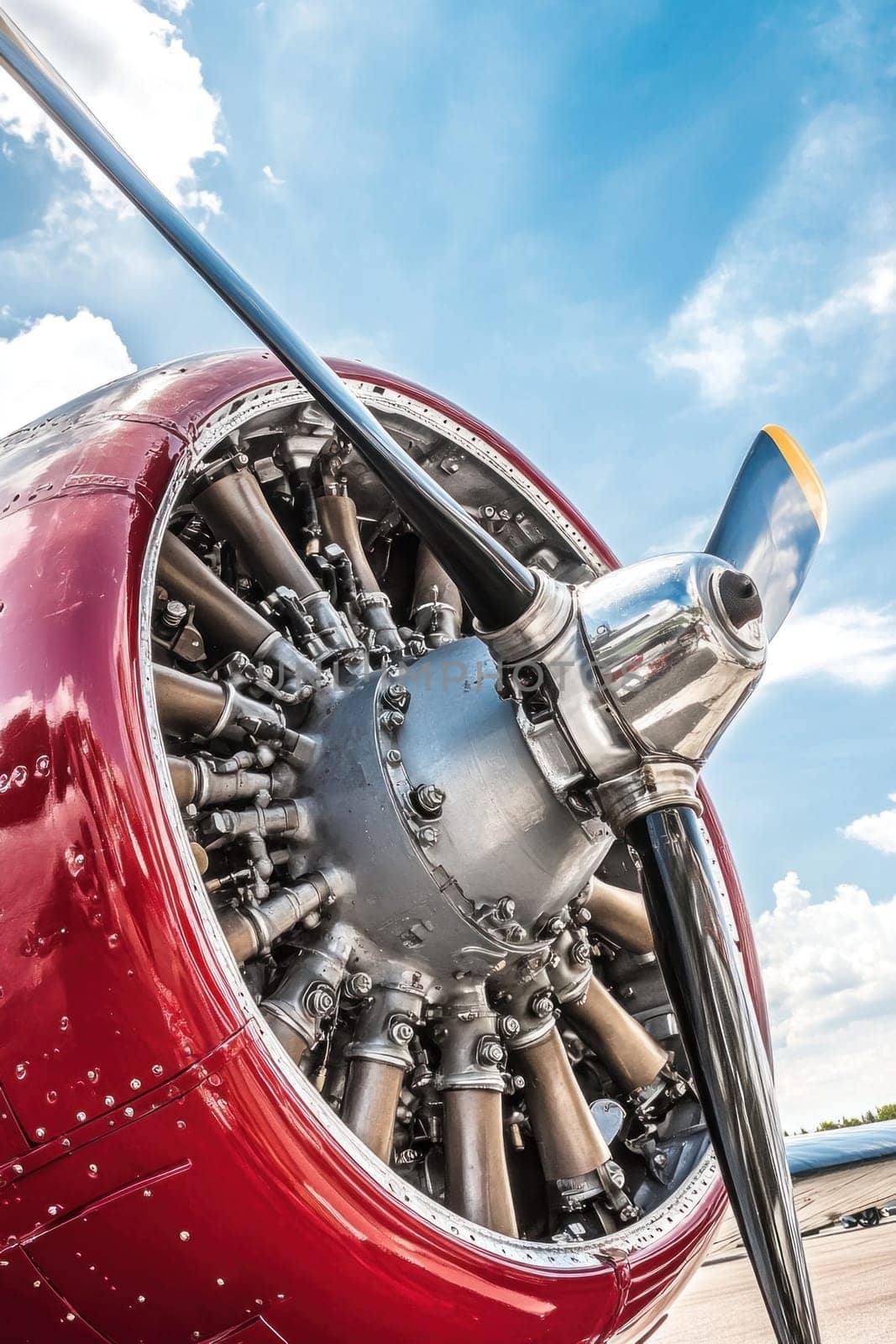 Close up of radial engine and propeller of vintage airplane gleaming under a vibrant blue sky, showcasing power and engineering