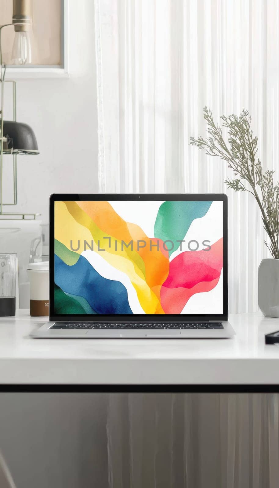 A vibrant abstract art sticker adorns a glossy white laptop set on a modern workspace. the scene features clean lines, natural lighting, and lush greenery, creating an inspiring environment for creativity and productivity.