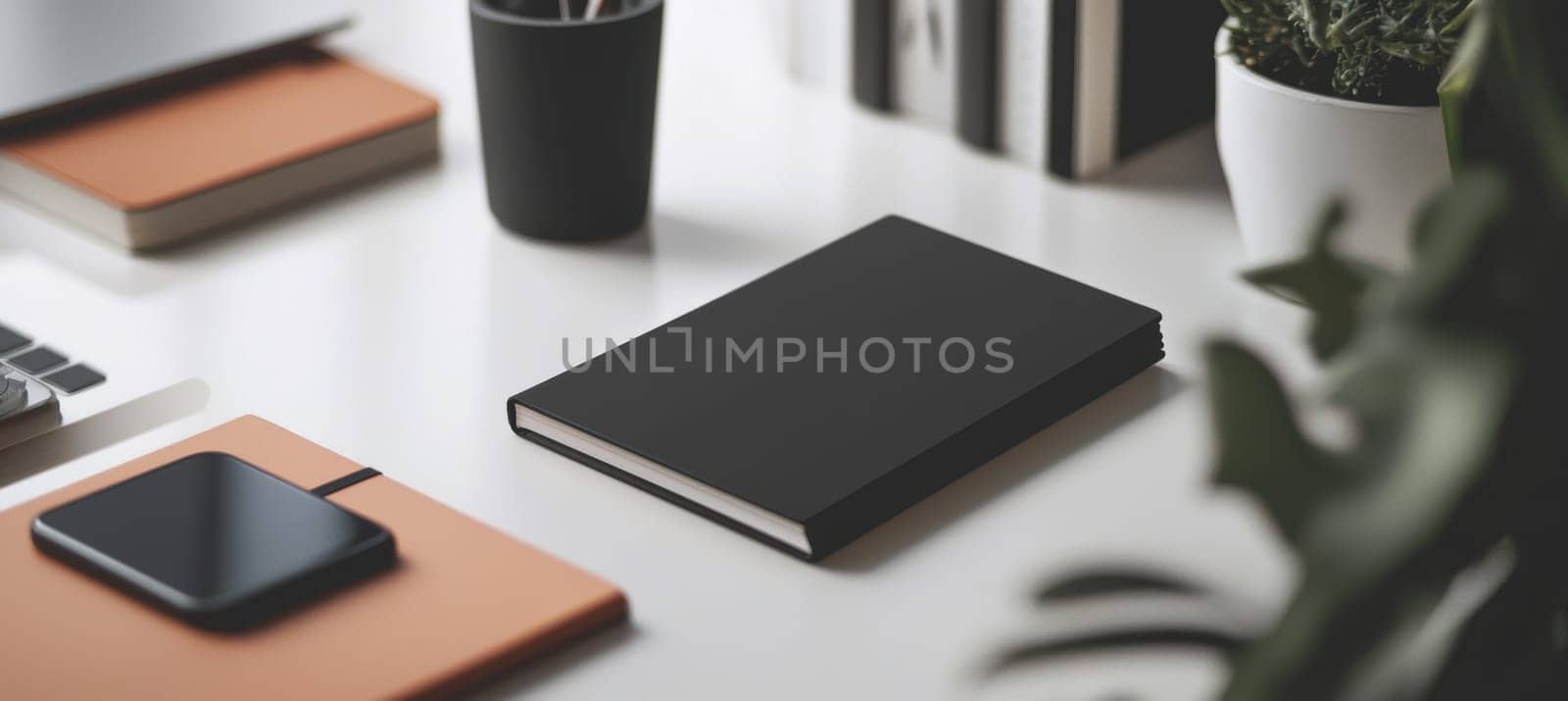 Minimalist desk setup featuring a matte black notebook with a rectangular logo sticker. surrounded by clean decor, it modern style and organization in a professional workspace. ideal for branding, design, or office themes.