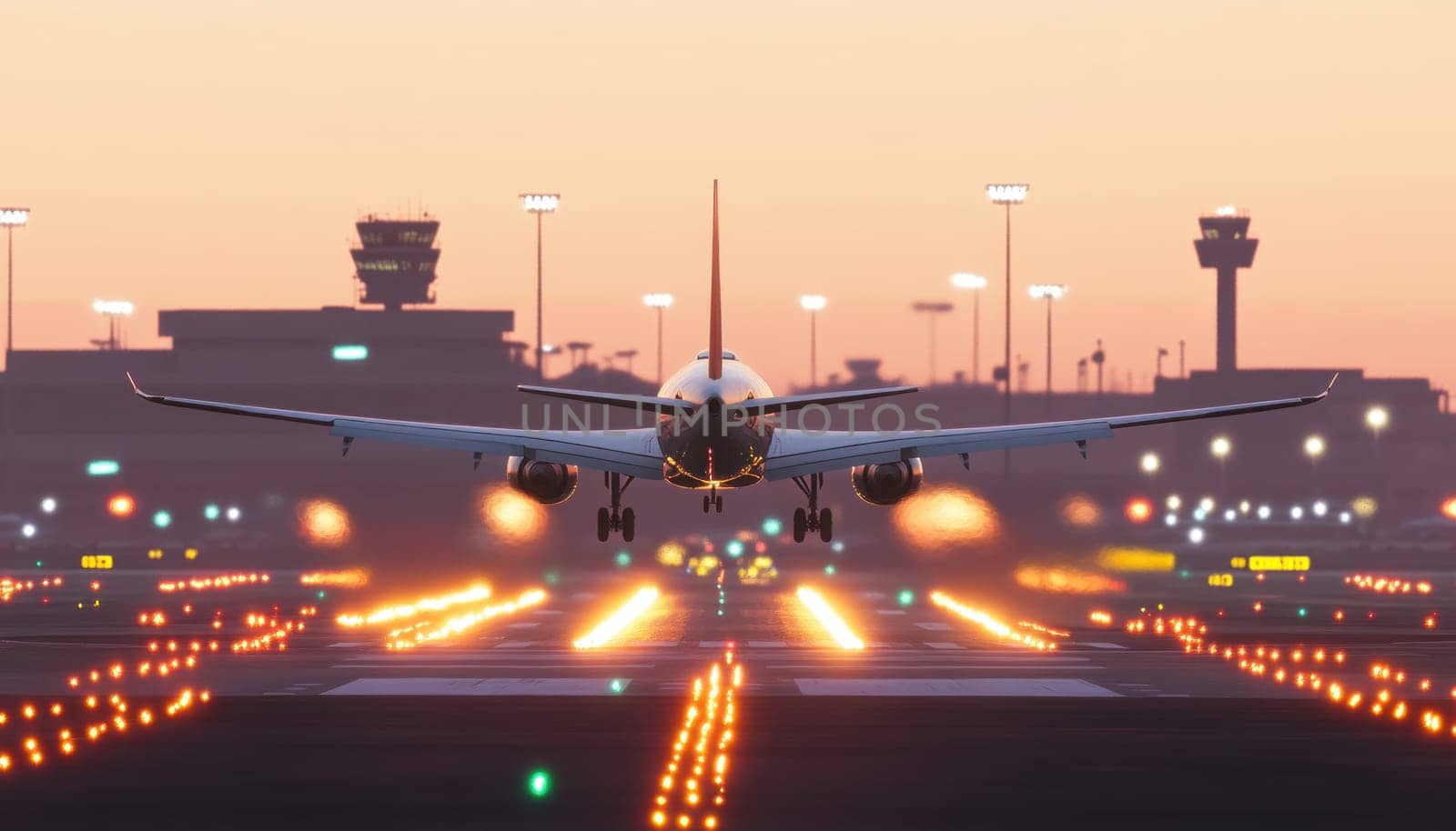 White passenger airplane landing on illuminated airport runway at sunset