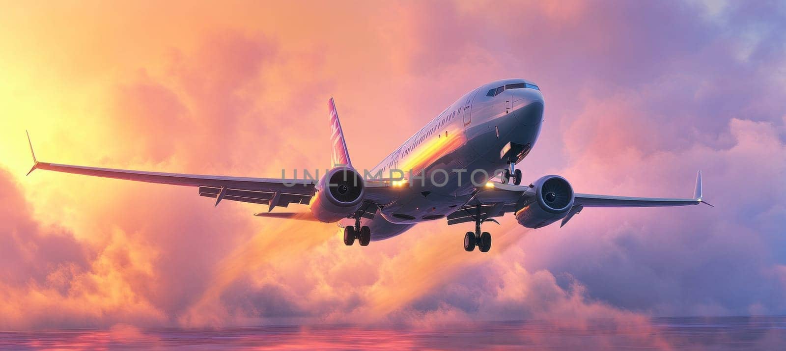 Modern passenger airplane flying above the clouds during a breathtaking sunset