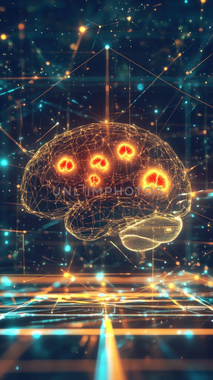 Glowing polygonal brain with highlighted areas showing learning process and creation of new neural connections