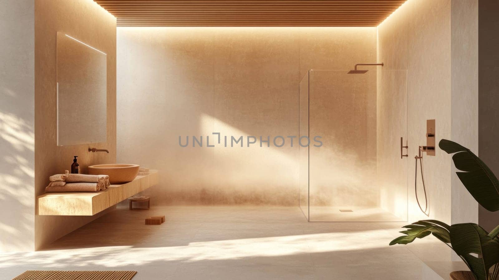 Interior of a modern minimalist bathroom featuring a wooden ceiling, warm lighting, and a glass shower