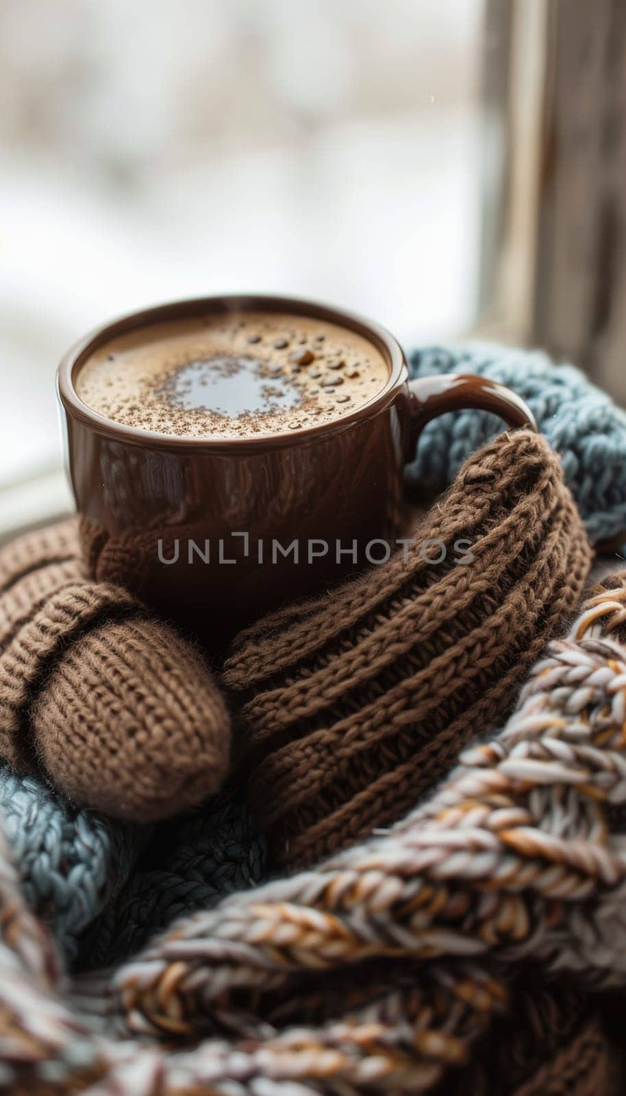 Warm mocha mousse-colored scarf and gloves set against a cozy winter backdrop with a steaming cup of coffee. soft textures and earthy tones create a comforting winter scene, perfect for seasonal relaxation or fashion inspiration.