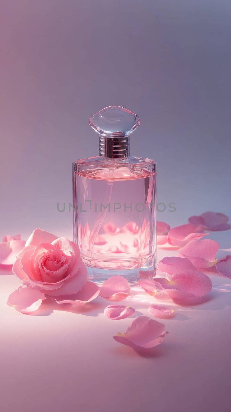 Glass perfume bottle with rose and petals evoking a sense of luxury and delicate fragrance