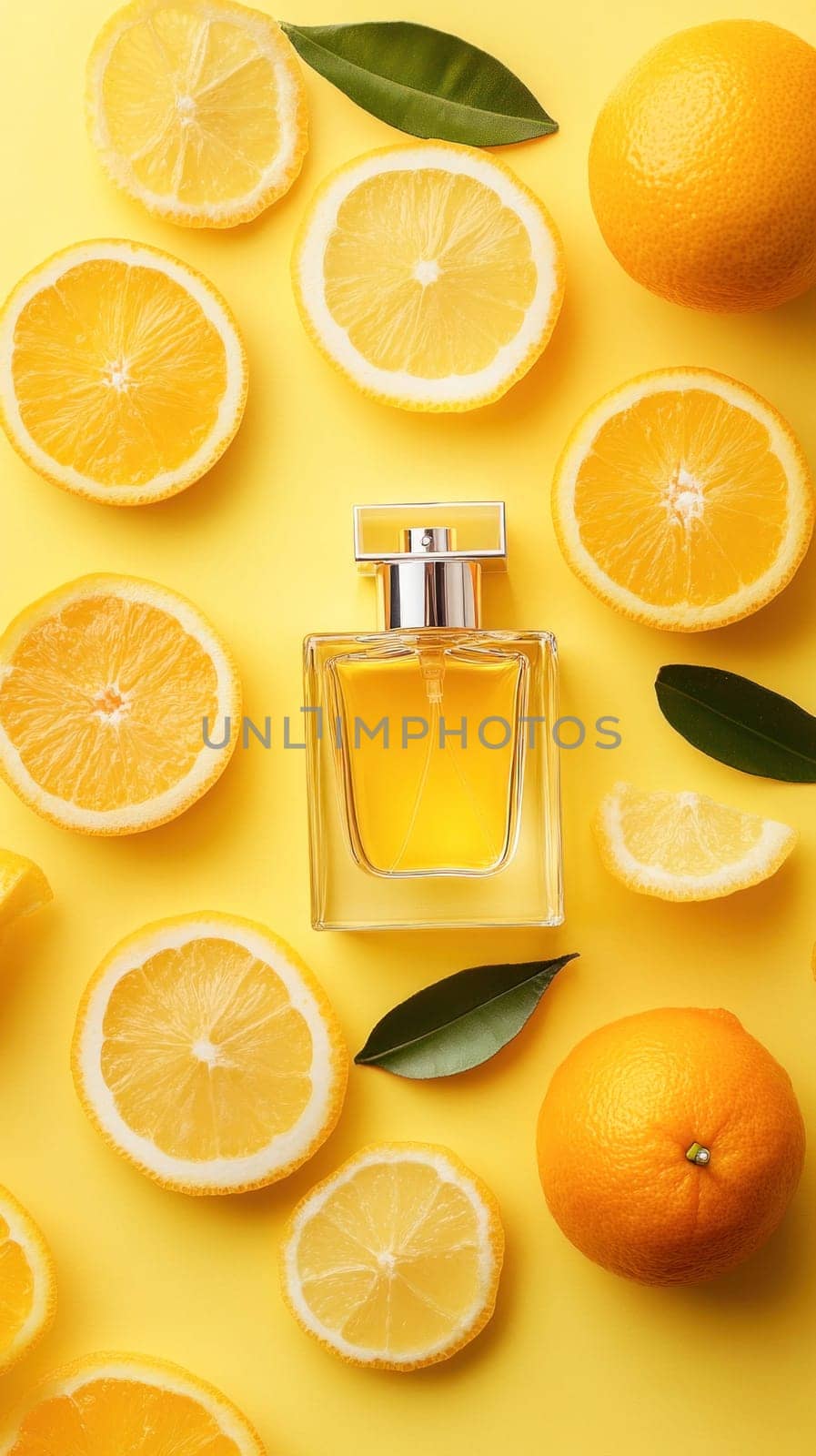 Flat lay composition featuring a transparent perfume bottle with citrus fragrance, highlighted by vibrant orange and lemon slices on a yellow backdrop