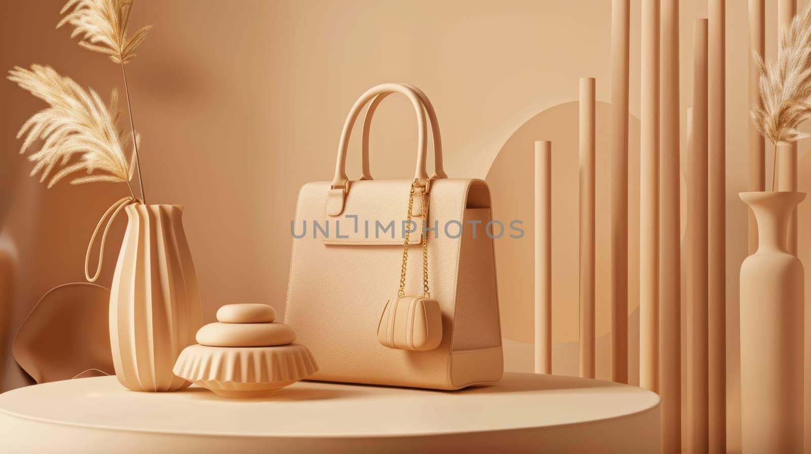 Mocha mousse handbags elegantly styled alongside gold accessories against a neutral backdrop, minimalist typography. perfect for upscale e-commerce promotions, fashion branding, or stylish print and digital marketing materials.
