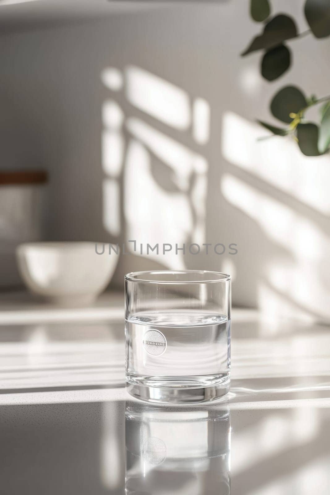 A minimalist logo sticker mockup is displayed on a transparent glass tumbler in a bright kitchen setting. the scene features soft natural light, modern kitchen elements like blurred plants and shelves in the background.