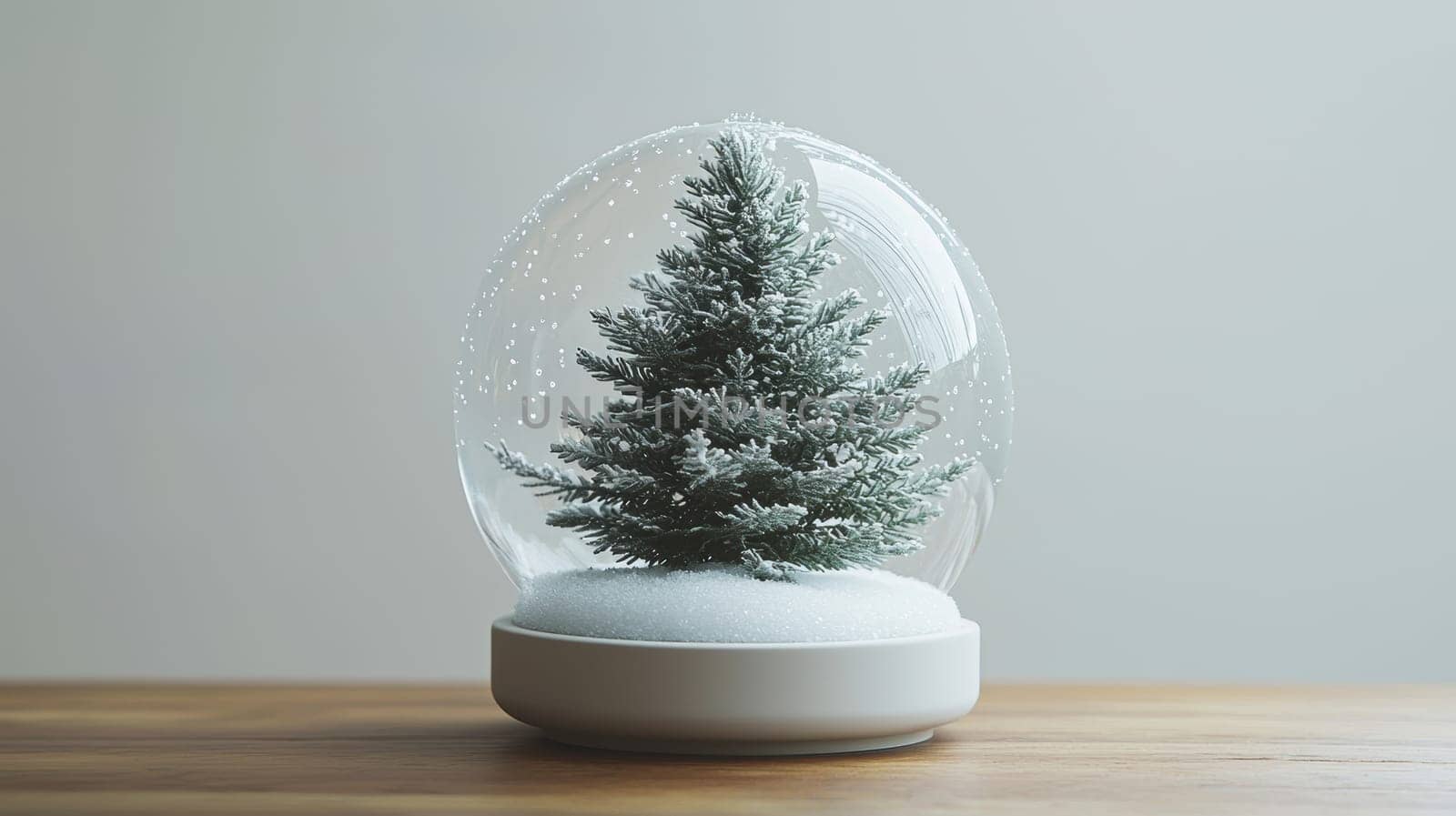 Minimalist snow globe featuring a single pine tree blanketed in snow, set within swirling snowflakes. the design includes a smooth, white ceramic base, offering a clean and modern aesthetic, perfect for enhancing winter decor.