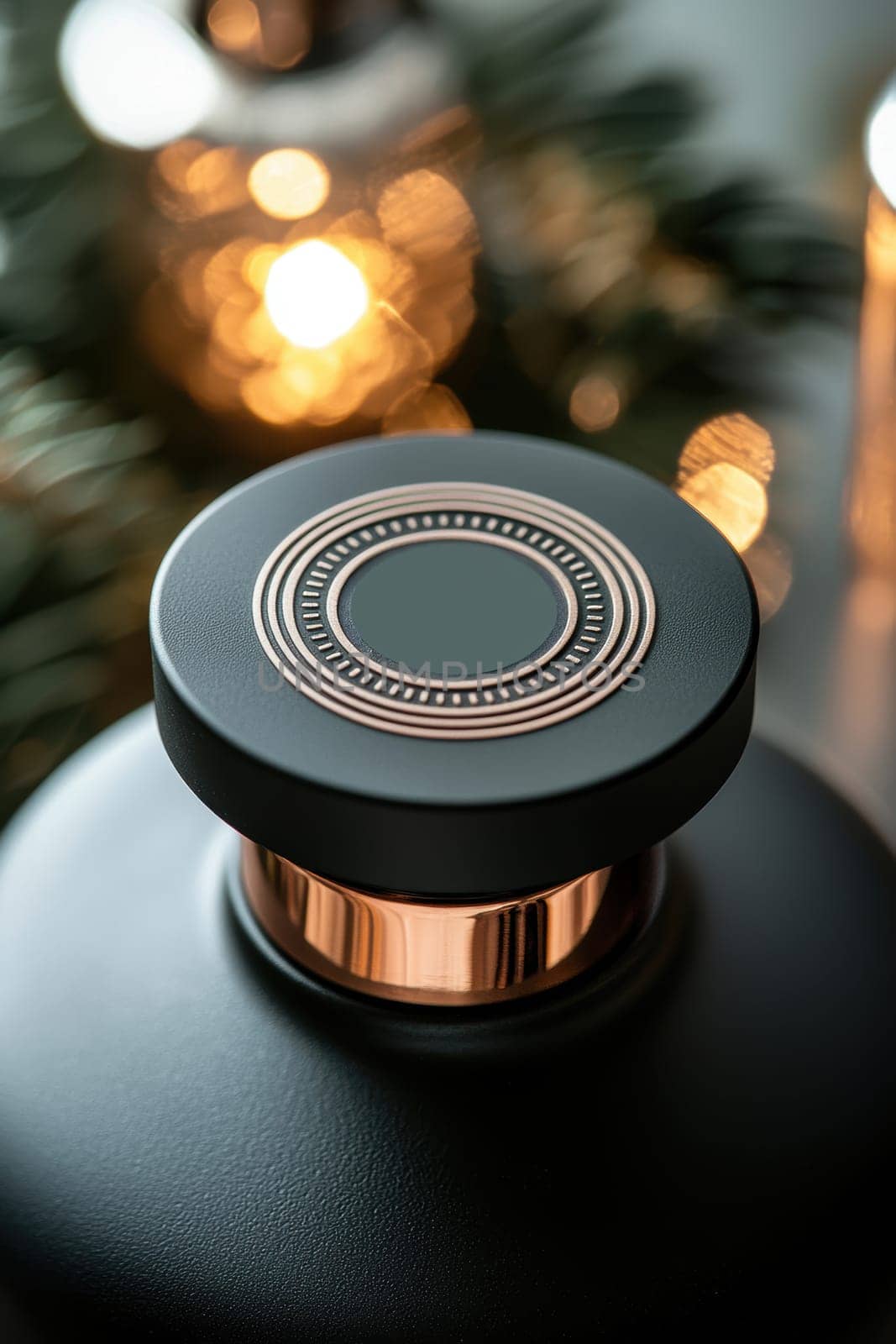 Close-up of a matte circular sticker featuring sophisticated serif typography on a glass bottle, styled with soft lighting to create a high-end branding aesthetic, ideal for luxury packaging design and marketing visuals.