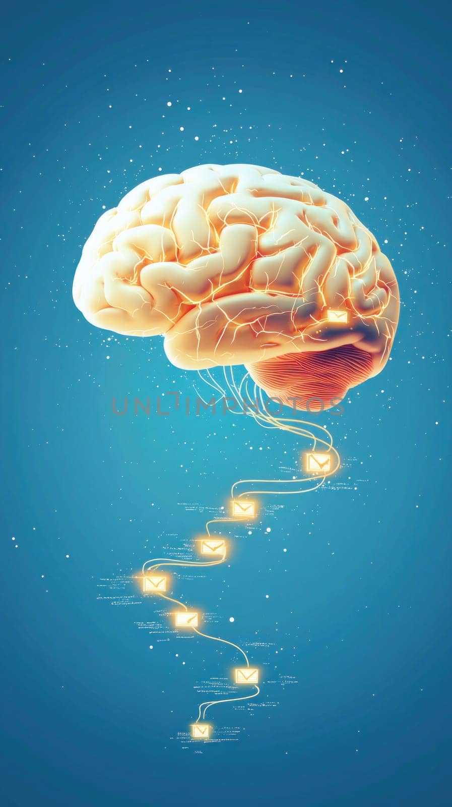 Glowing brain transmitting email messages through futuristic network, symbolizing digital communication and artificial intelligence