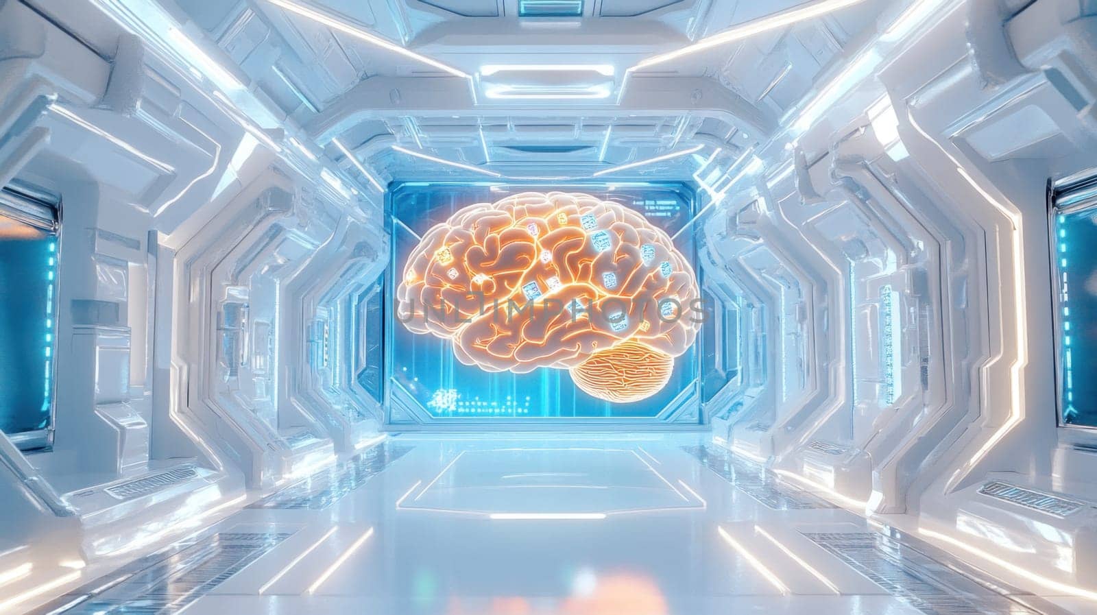 Futuristic laboratory interior showcasing a holographic projection of a human brain undergoing digital information processing and analysis