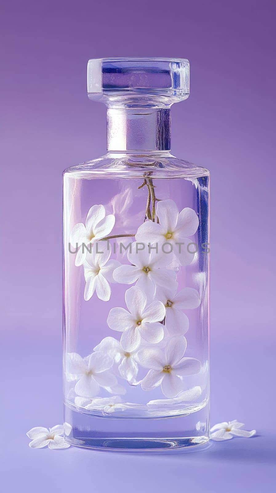 Transparent perfume bottle containing white flowers and essence, creating a luxurious and aromatic ambiance