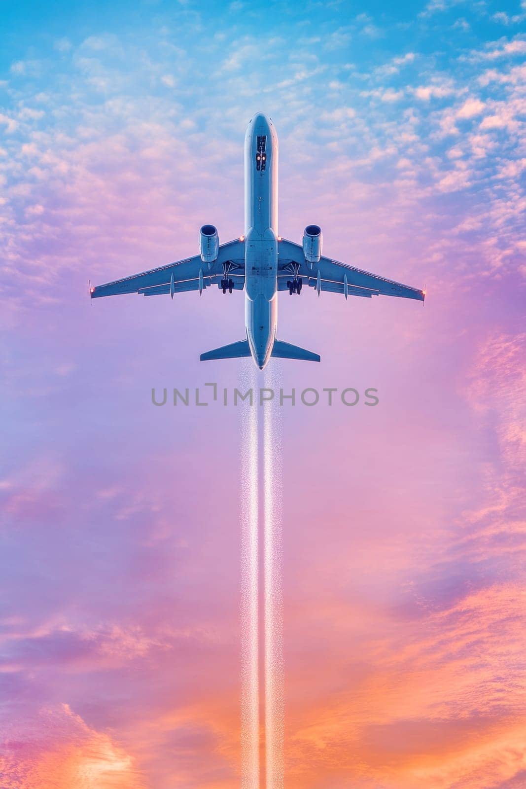 Jet plane flying high above the clouds, leaving a white contrail against a vibrant sunset sky