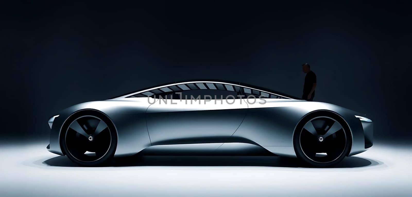 A sleek, futuristic concept car stands in a dimly lit studio. Its silver body and black accents gleam under subtle lighting. The car's elongated, aerodynamic design exudes sophistication. A silhouette of a person in the background adds to the intriguing, avant-garde mood.