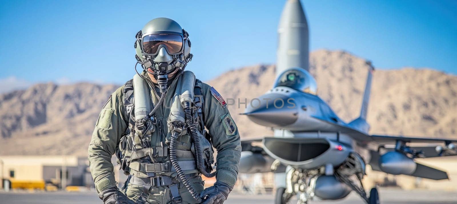 Us air force pilot posing on the runway with f 16 fighting falcon on background
