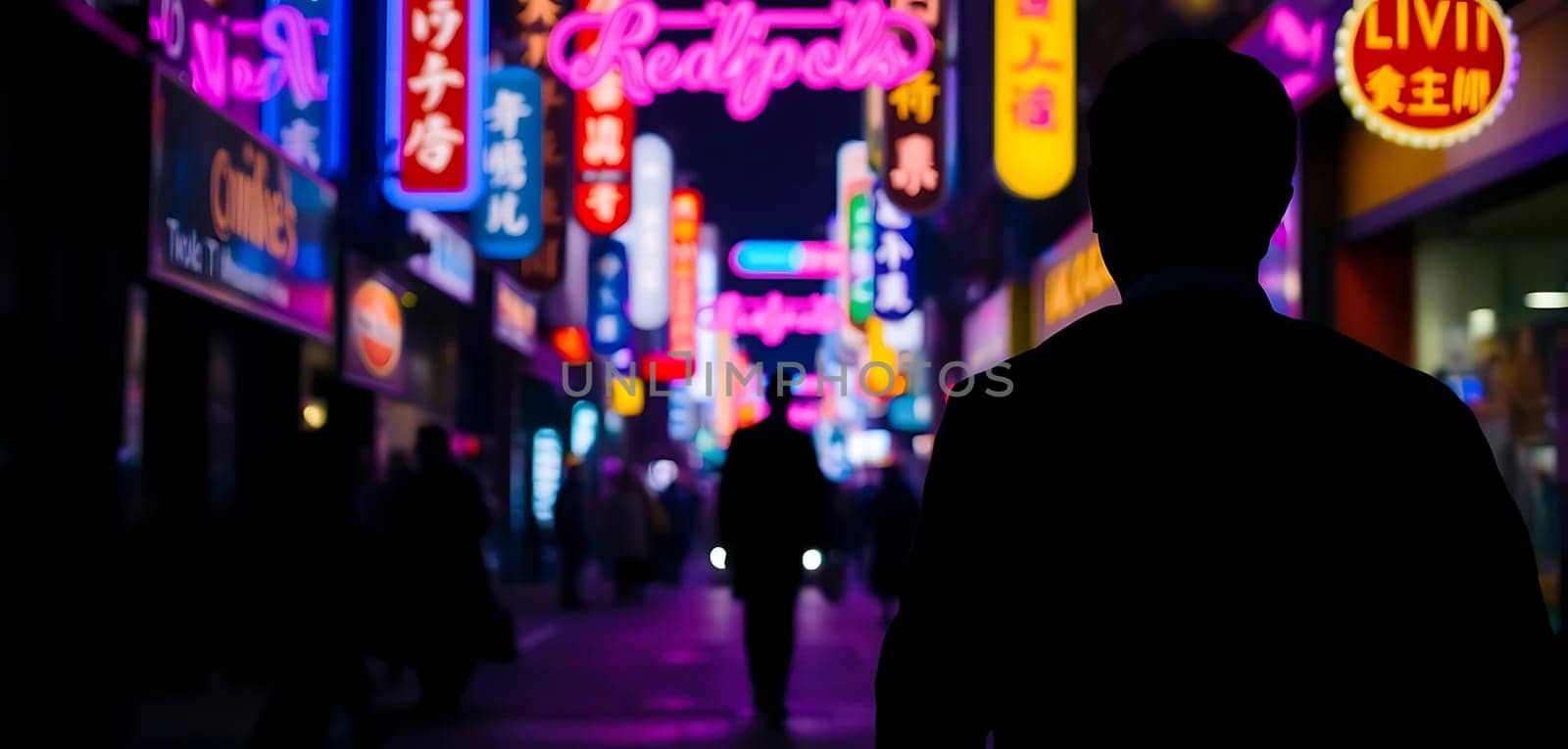 A solitary figure stands amidst the vibrant neon lights of a bustling urban nightscape. The glow of various illuminated signs in Chinese characters and English words casts a colorful, lively atmosphere, capturing the essence of a lively city night.