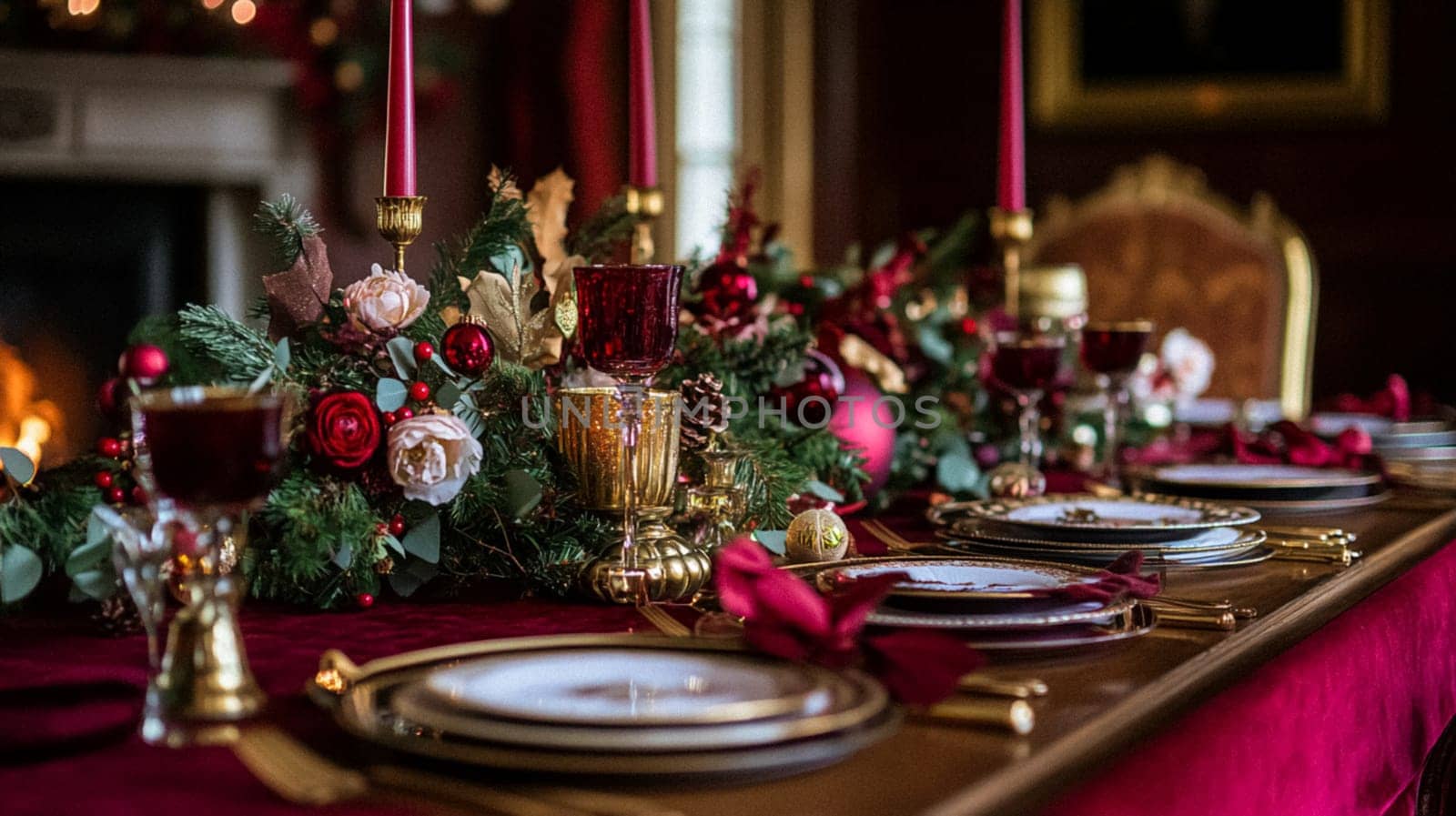 Christmas tablescape decoration, formal family dinner holiday celebration, luxury table setting decor, English country and home style idea