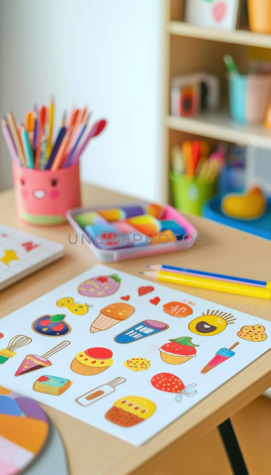 A vibrant sticker sheet featuring cute and colorful food designs is displayed on a child's study table, surrounded by assorted school supplies. perfect for enhancing crafts, scrapbooking, and educational projects in a cheerful setup.