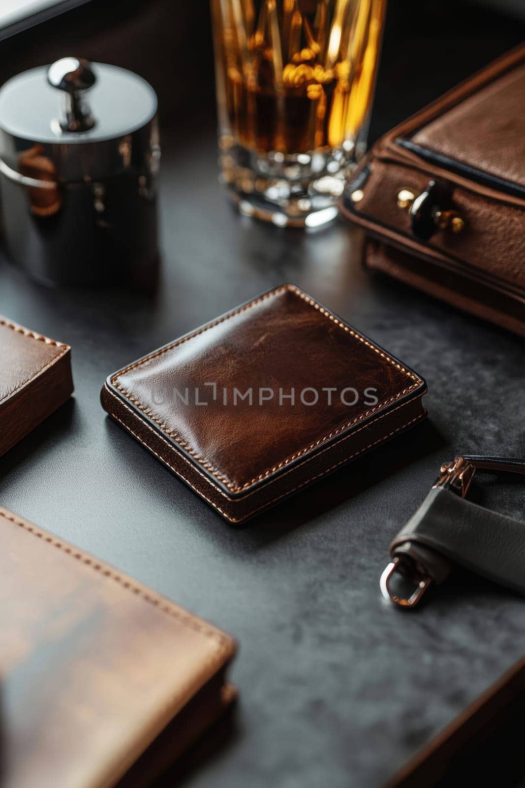 Elegant branding sticker mockup displayed on a smooth leather wallet. styled with luxury props, this setup conveys sophistication and high-end appeal, ideal for showcasing premium logos and brand designs.