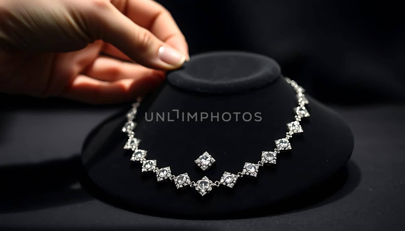 A hand delicately adjusts an elegant diamond necklace on a display bust, highlighting the sparkling gems in a dim, mysterious setting. The mood is luxurious and intimate.