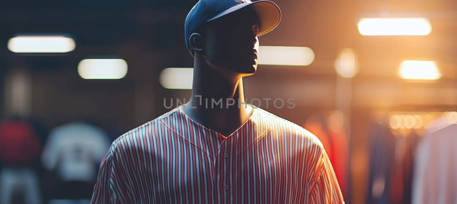 A mannequin showcases a baseball jersey with bold stripes, set under a soft spotlight. the clean logo space stands out against the blurred, neutral studio background, ideal for athletic design concepts or sports retail presentations.