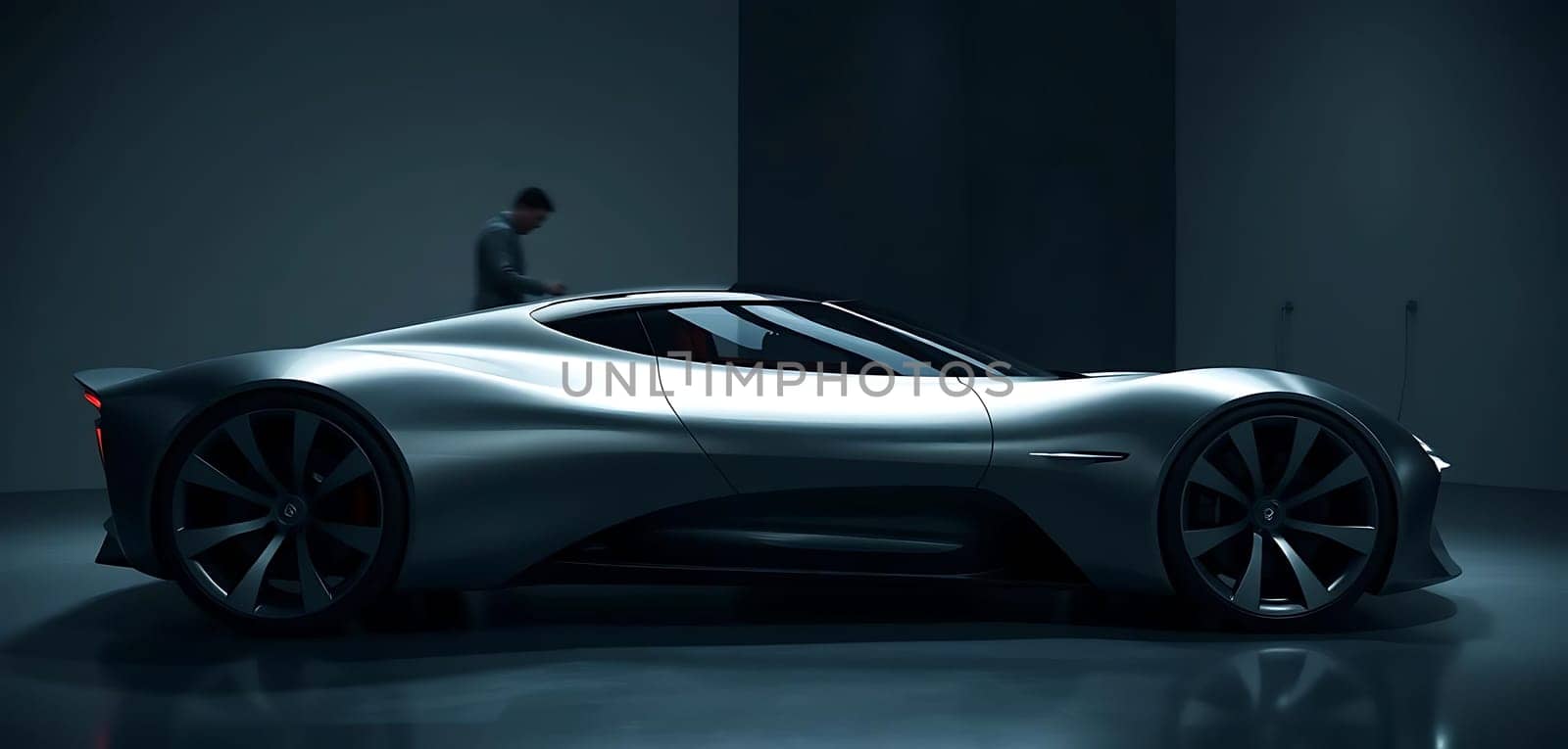 A sleek, futuristic sports car stands dramatically lit in a dark, minimalist studio space. The car's aerodynamic design and shiny metallic finish capture the spotlight, while a blurred figure in the background hints at a secretive, high-tech ambiance. The mood is mysterious and sophisticated, emphasizing cutting-edge innovation.