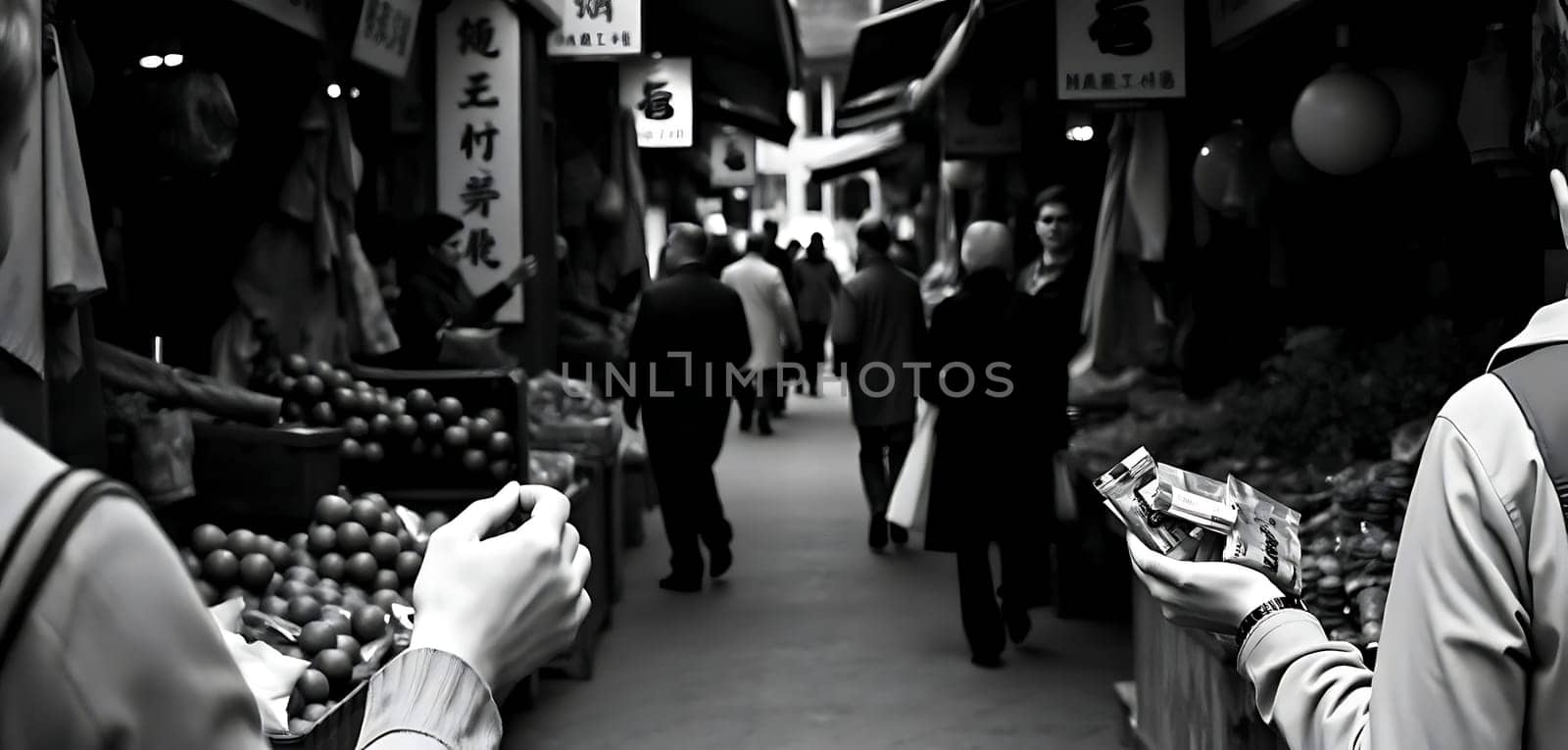 In a bustling market street, two individuals, engrossed in their phones, stand amidst vibrant fruit stalls. The monochrome scene contrasts the lively atmosphere, capturing a moment of modern disconnection amidst traditional commerce. Signs with Japanese characters hang overhead, adding cultural depth to the dynamic setting.
