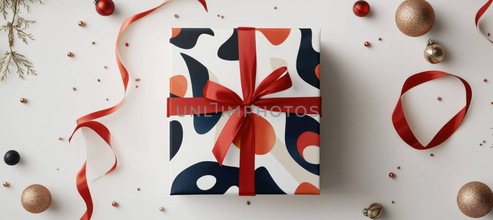 Vibrant rectangular gift box featuring a bold abstract sticker design accented by striped ribbons. surrounded by foliage, small gift packages, and festive embellishments, creating a lively holiday atmosphere with a touch of sophistication.
