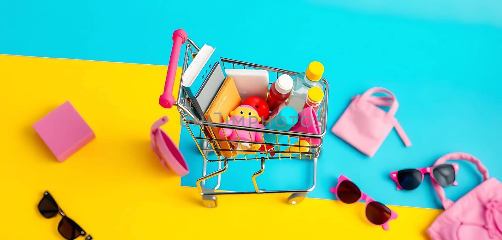 A vibrant mini shopping cart brims with colorful toys and items on a bright yellow and blue background. Surrounded by playful pink accessories like sunglasses and a bag, the scene exudes a cheerful, whimsical mood, perfect for a child's imagination.
