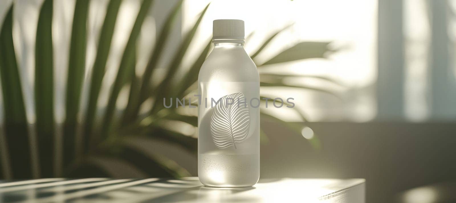 Frosted glass water bottle featuring a sleek die-cut logo sticker. the minimalist design enhances branding appeal, set against a softly blurred backdrop, adding depth and focus to the aesthetic. ideal for promotional use.