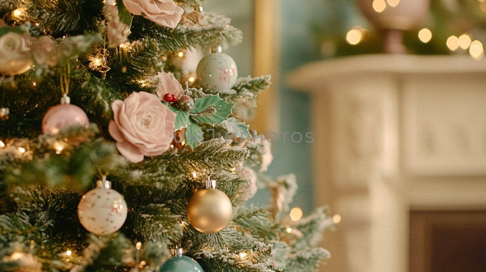 Christmas, holiday decor and country cottage style, cosy atmosphere, decorated Christmas tree in the English countryside house living room with fireplace, interior decoration idea