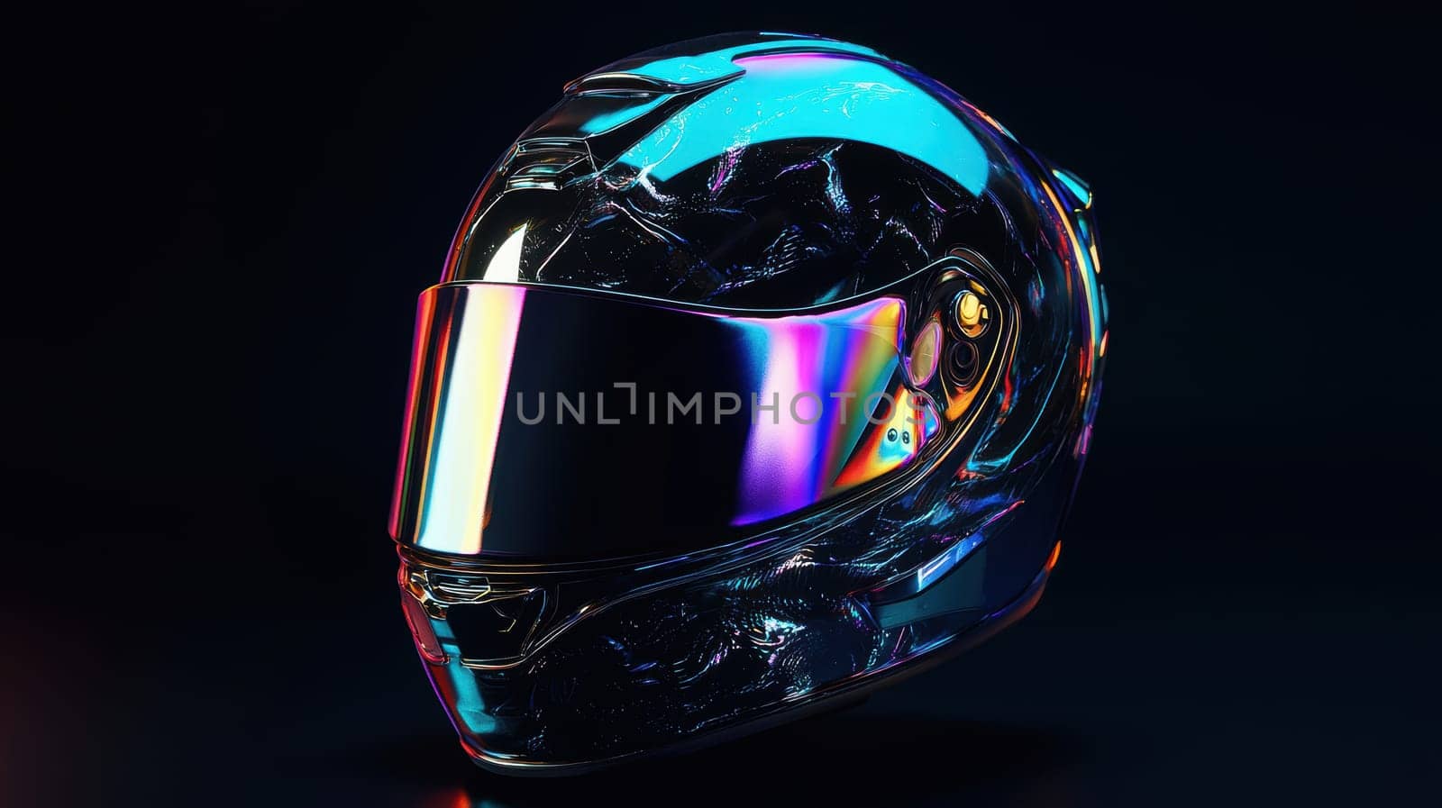 Reflective black helmet adorned with a holographic sticker, enhanced by studio lighting. the vibrant colors and sleek design create a futuristic look, perfect for showcasing design concepts or promotional materials with a modern edge.