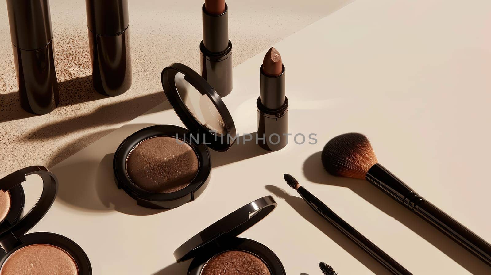 Luxurious beauty products, including makeup brushes, compact powders, and lipsticks, styled elegantly on a reflective beige surface. the composition rich, deep colors and textures, the sophistication of the beauty campaign.