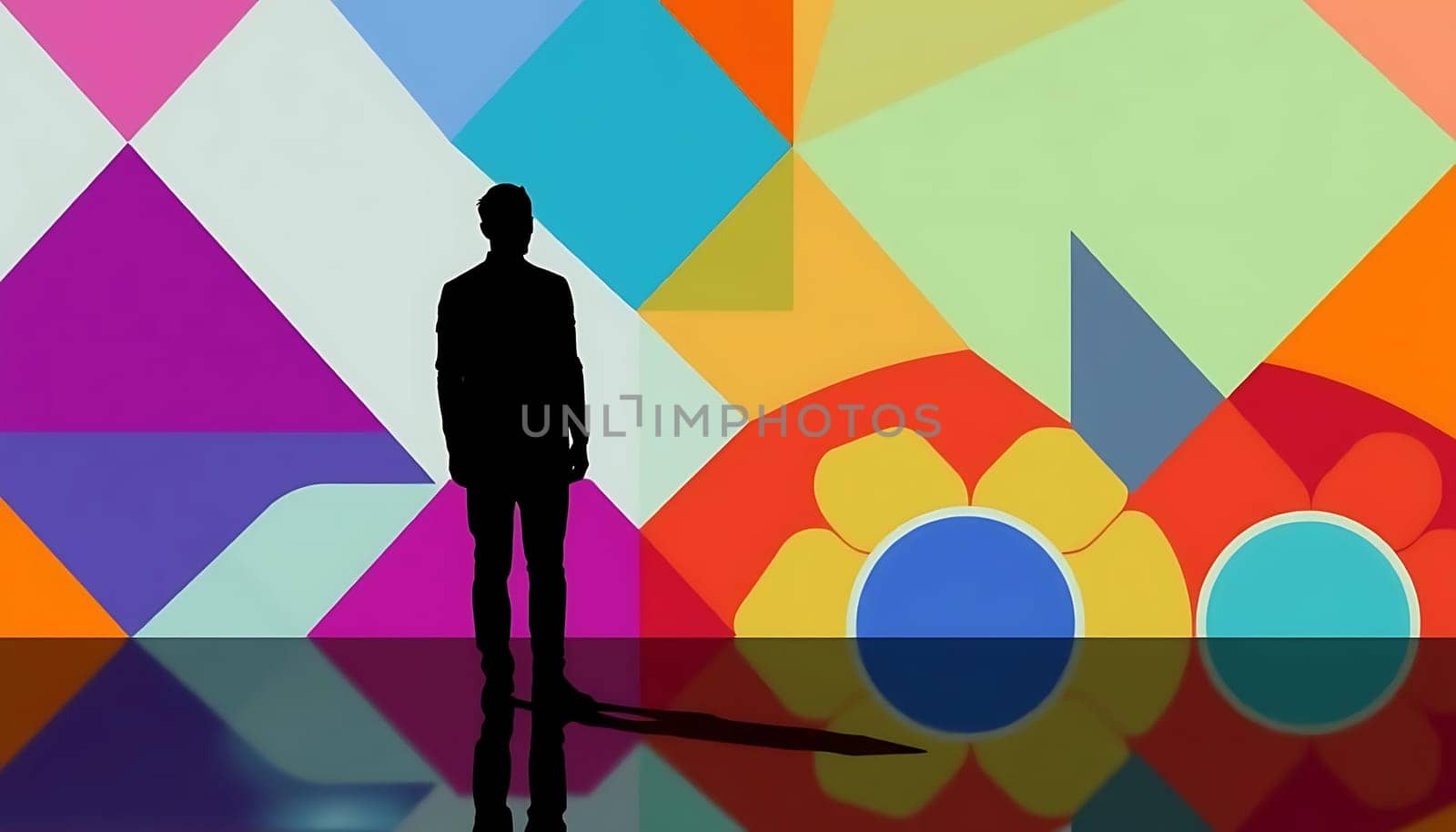 A silhouetted figure stands before a vibrant, geometric backdrop, creating a striking contrast. The colorful shapes evoke a dynamic, modern mood, while the reflective floor enhances the depth, making it an intriguing, artistic scene.
