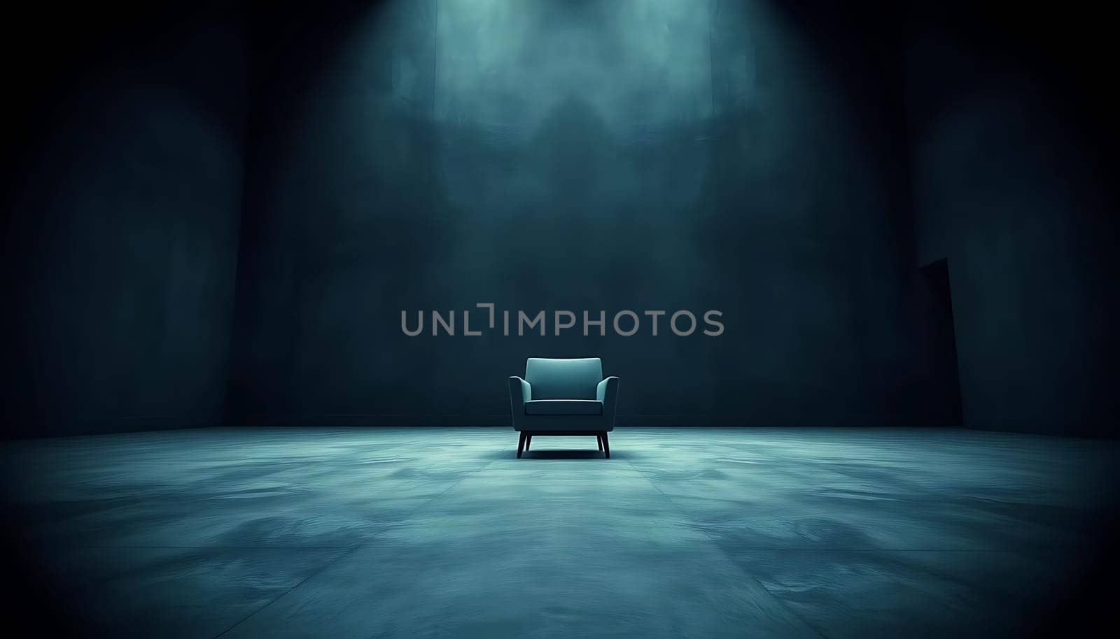A solitary blue armchair stands in a dim, cavernous room, illuminated by ethereal light shafts. The stark, empty space evokes a sense of mystery and isolation. The dark walls and serene floor create a somber, introspective mood.