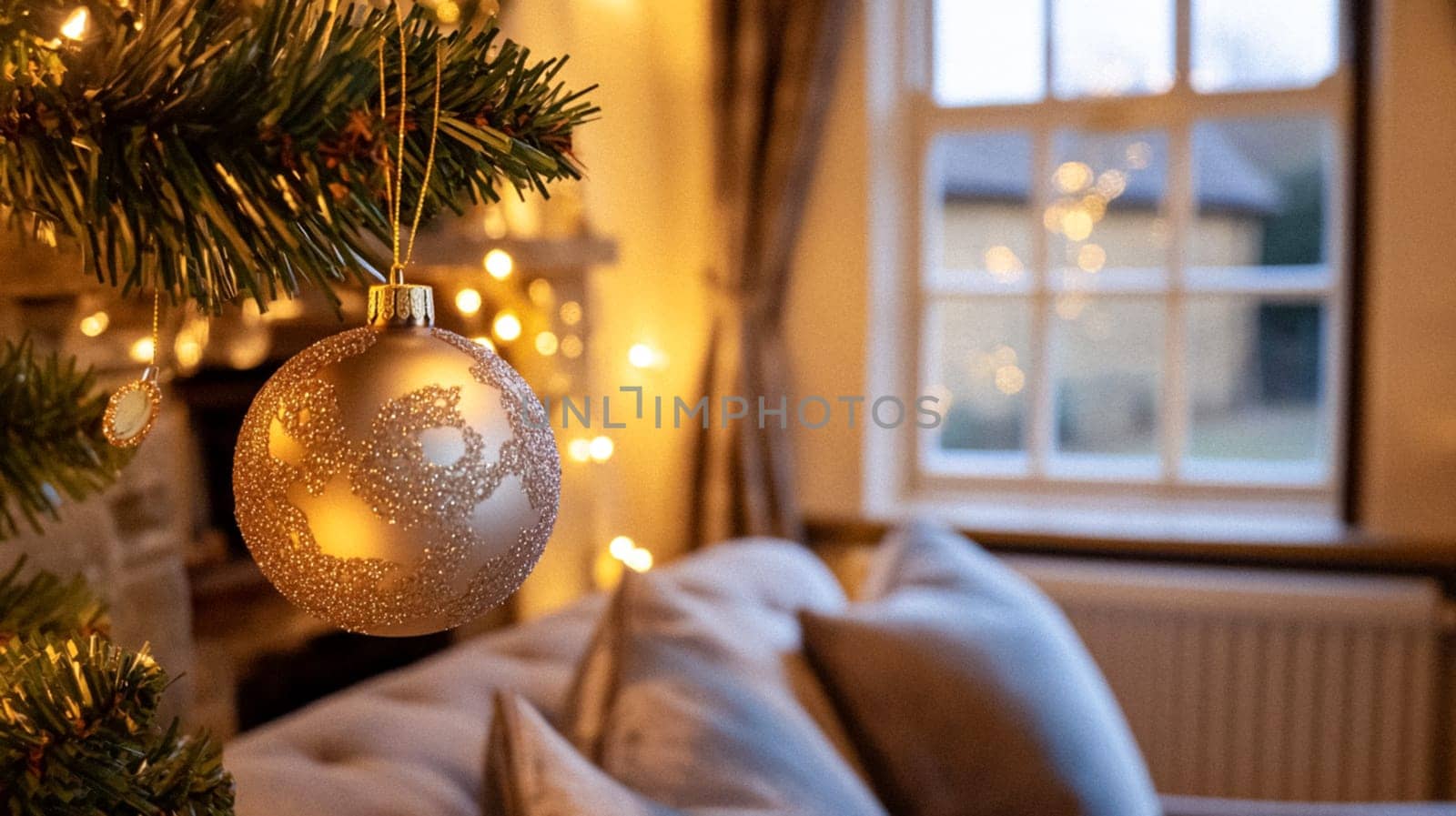 Christmas, holiday decor and country cottage style, cosy atmosphere, decorated Christmas tree in the English countryside house living room with fireplace, interior decoration idea
