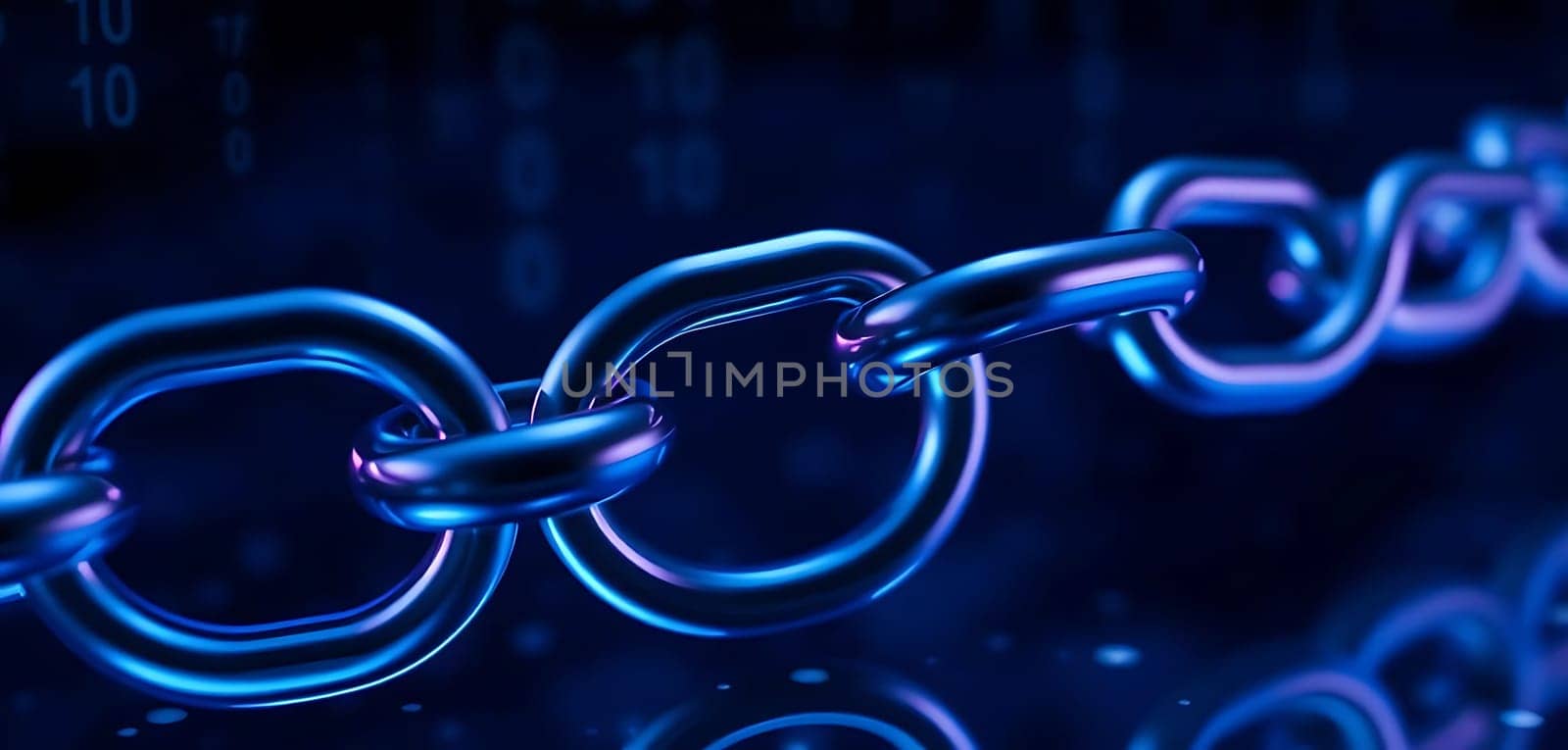 A gleaming blue metallic chain links together against a shadowy background, evoking a sense of technological interconnectedness. The cool hues and reflective surfaces suggest a futuristic, digital environment.