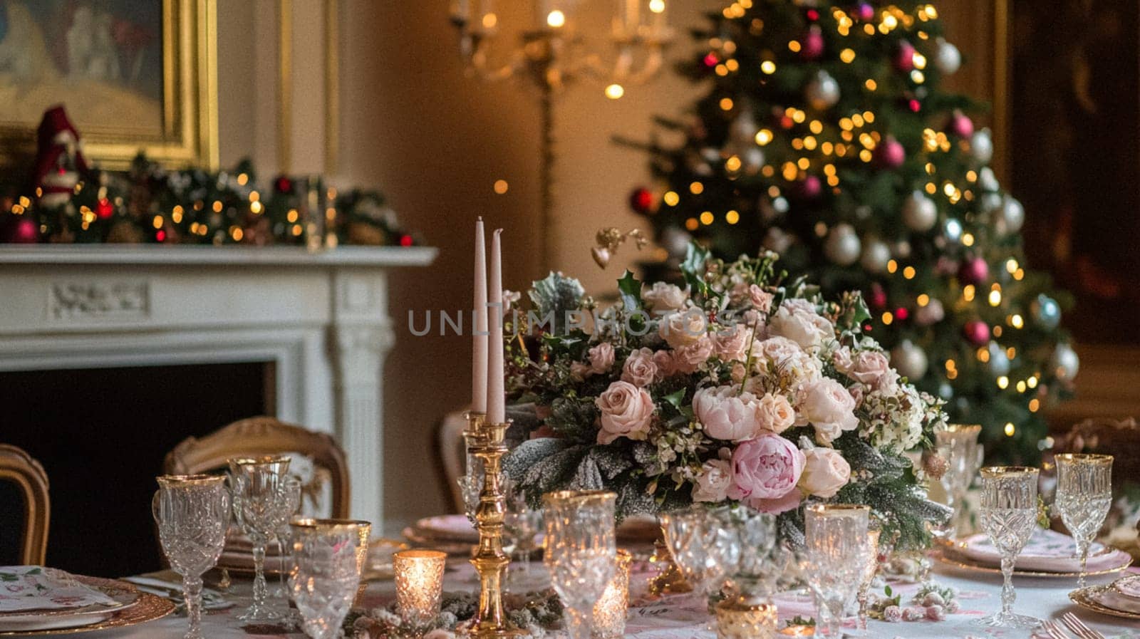 Christmas tablescape decoration, formal family dinner holiday celebration, luxury table setting decor, English country and home style idea