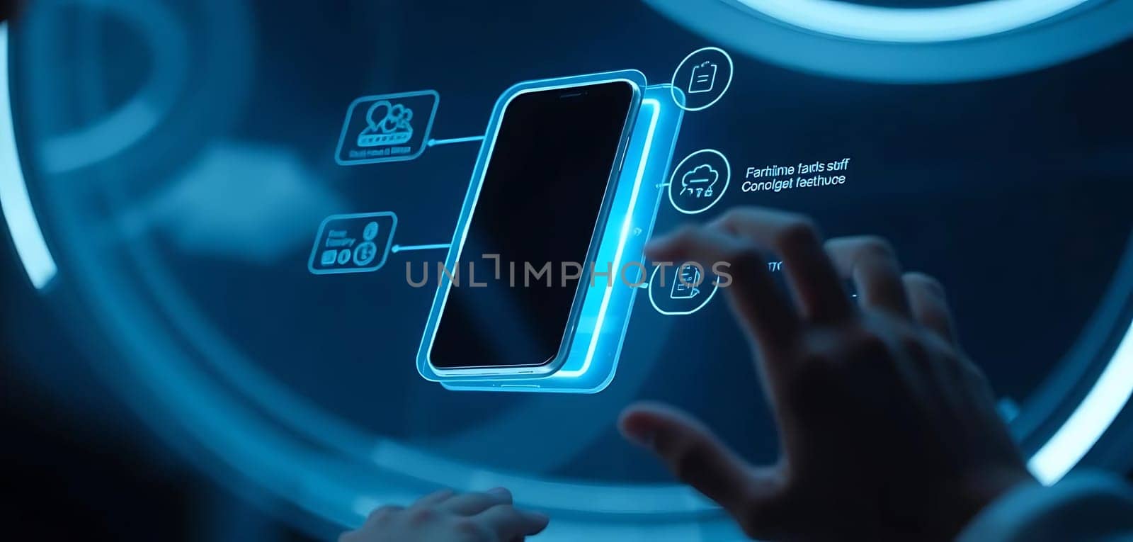 In a futuristic, blue-lit setting, a hand reaches towards a holographic smartphone. Surrounding the phone float icons representing connectivity, social media, and data. The mood conveys advanced technology and user interaction.