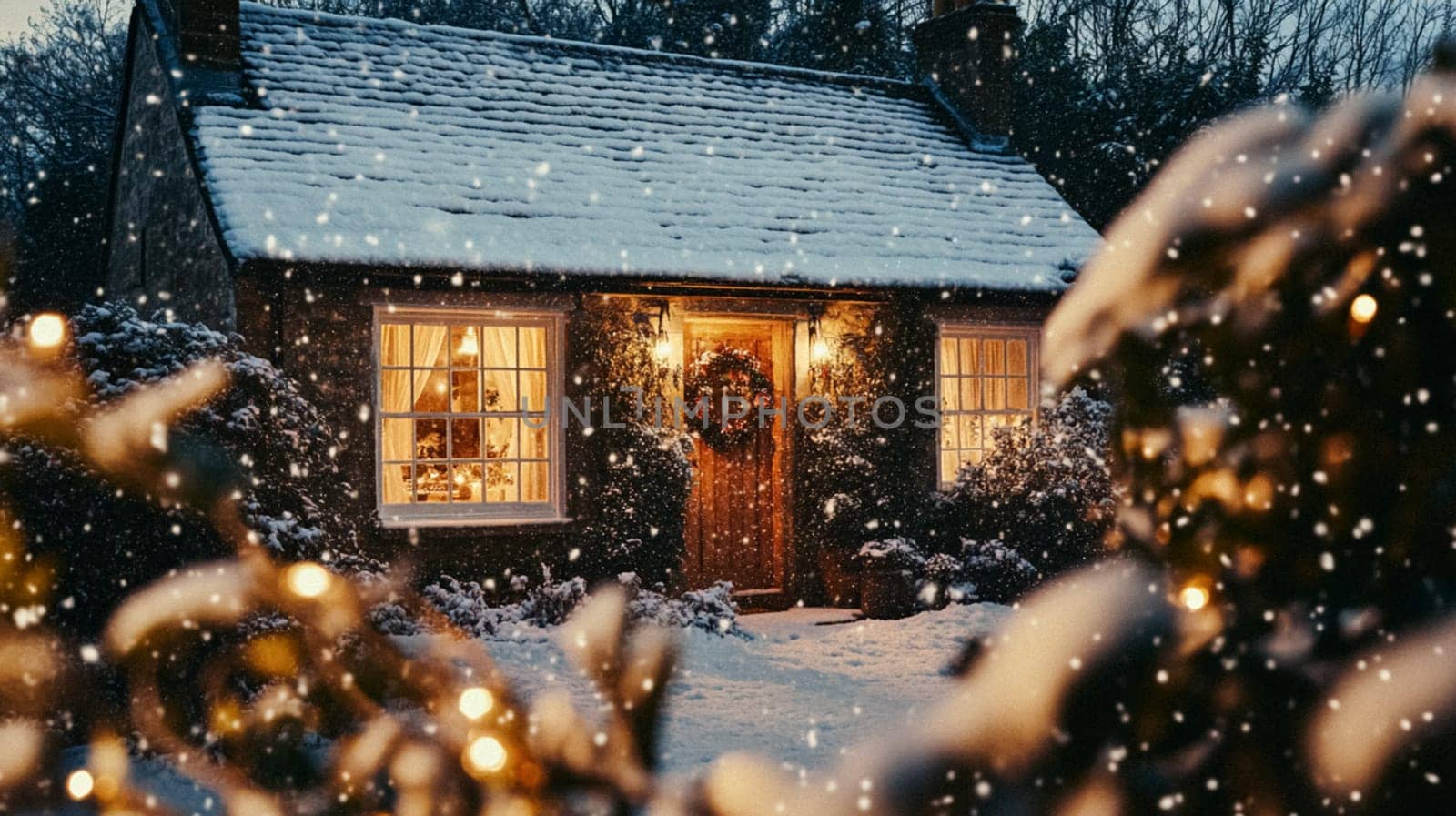 Christmas in the countryside, cottage decorated for holidays on a snowy winter evening with snow and holiday lights, English country styling inspiration