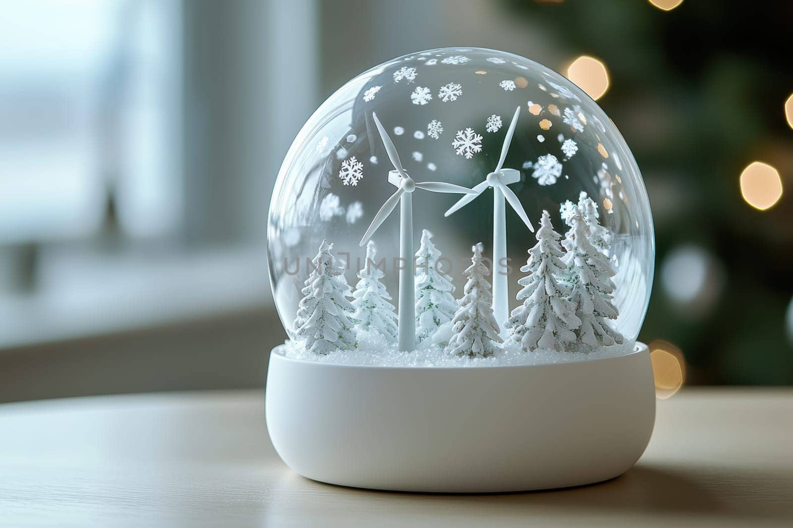 A snow globe featuring a miniature wind farm with turbines in motion, surrounded by swirling snowflakes. the clean, white ceramic base complements the serene winter scene, making it an ideal modern decor piece.